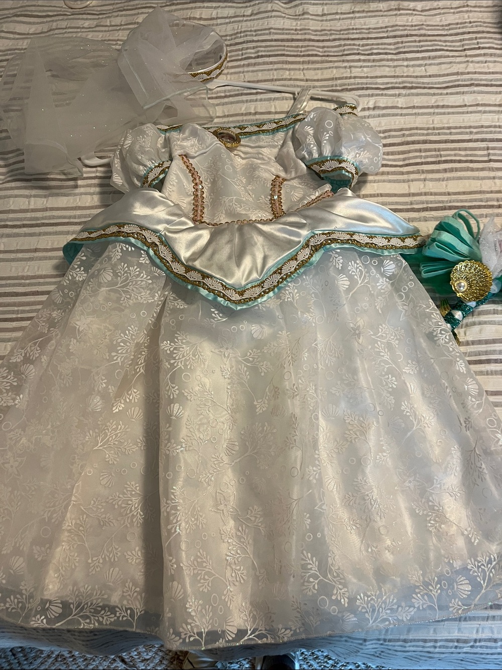 Size 4 Disney White and Teal Princess Dress with Gold Trim bouquets and crown